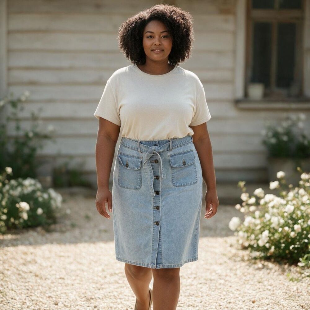 Vintage Basic Editions Light Wash Button Front Belted Denim Midi Skirt Size 14
